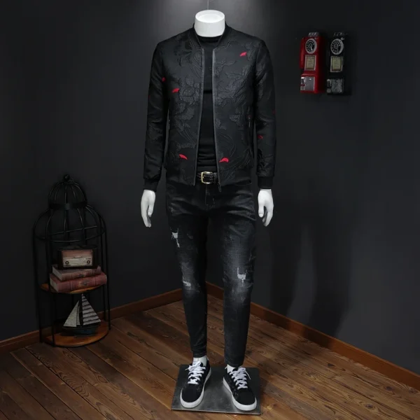 Women's Casual Slim Jacket Coat Man 2025 Autumn New Floral Jacket Men's Fashion Vintage Business Bomber Jacket with Jacquard - Image 3