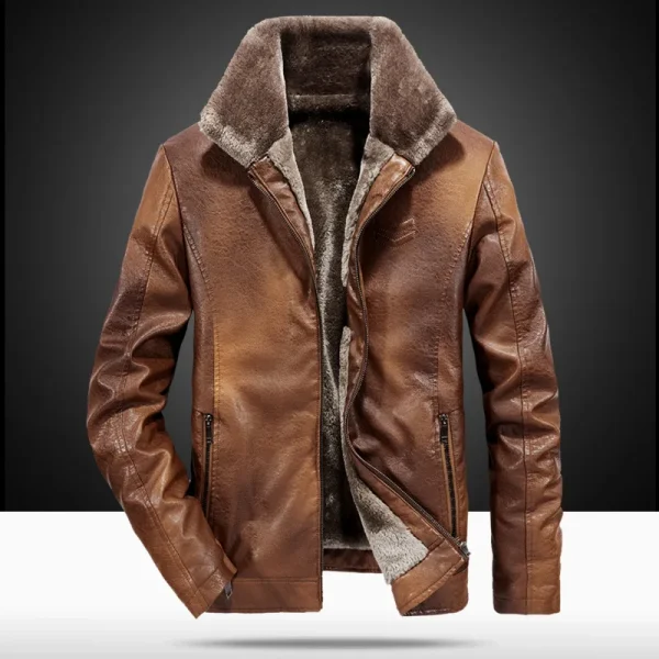 Fashion Solid Color Large Size Men's Fur One Men's Leather Jacket with Lapel, Middle-aged Men's Thick Leather Winter Father's Day Present - Image 2