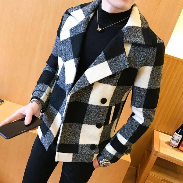 2025: a new trench coat with two breasts Veste homme stylish men's slim short woolen coat, vintage tartan jacket, for fall and winter - Image 2