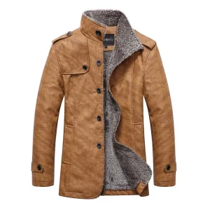 Men's Solid Long-Sleeved PU Leather Coat with Stand Collar, Thick Slim Fit, Trench Coats, 2025 Winter Warm Faux Leather Jacket