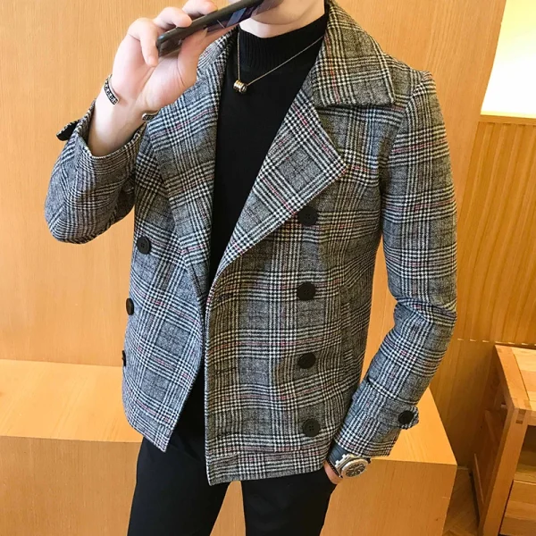2025: a new trench coat with two breasts Veste homme stylish men's slim short woolen coat, vintage tartan jacket, for fall and winter