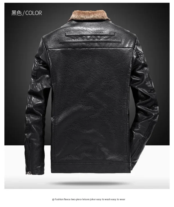 Fashion Solid Color Large Size Men's Fur One Men's Leather Jacket with Lapel, Middle-aged Men's Thick Leather Winter Father's Day Present - Image 4