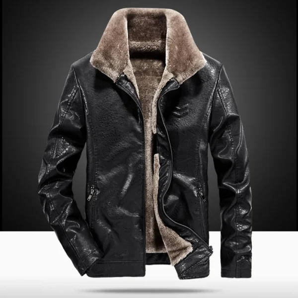 Fashion Solid Color Large Size Men's Fur One Men's Leather Jacket with Lapel, Middle-aged Men's Thick Leather Winter Father's Day Present - Image 3