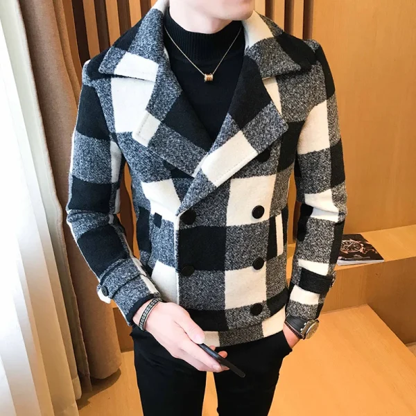 2025: a new trench coat with two breasts Veste homme stylish men's slim short woolen coat, vintage tartan jacket, for fall and winter - Image 3