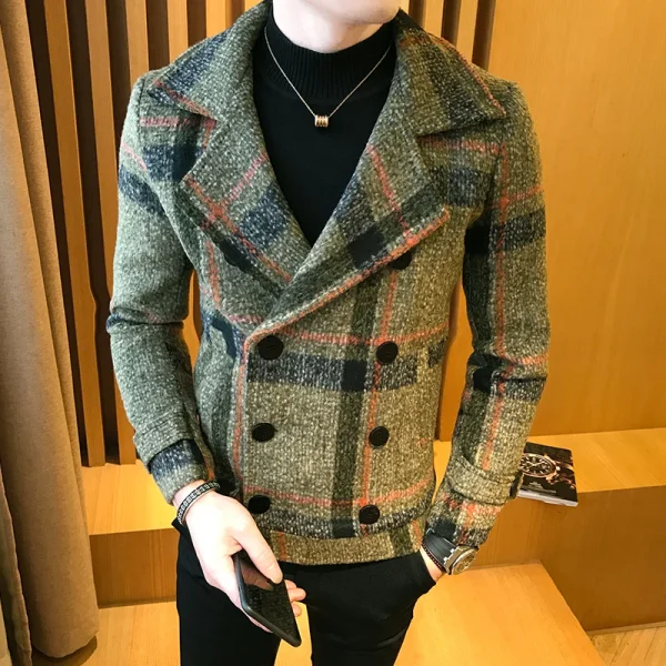 2025: a new trench coat with two breasts Veste homme stylish men's slim short woolen coat, vintage tartan jacket, for fall and winter - Image 4