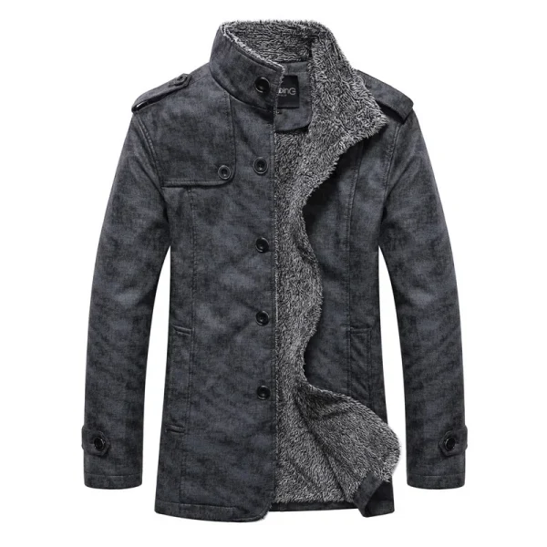 Men's Solid Long-Sleeved PU Leather Coat with Stand Collar, Thick Slim Fit, Trench Coats, 2025 Winter Warm Faux Leather Jacket - Image 2