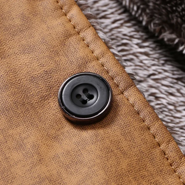 Men's Solid Long-Sleeved PU Leather Coat with Stand Collar, Thick Slim Fit, Trench Coats, 2025 Winter Warm Faux Leather Jacket - Image 5