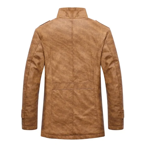 Men's Solid Long-Sleeved PU Leather Coat with Stand Collar, Thick Slim Fit, Trench Coats, 2025 Winter Warm Faux Leather Jacket - Image 3