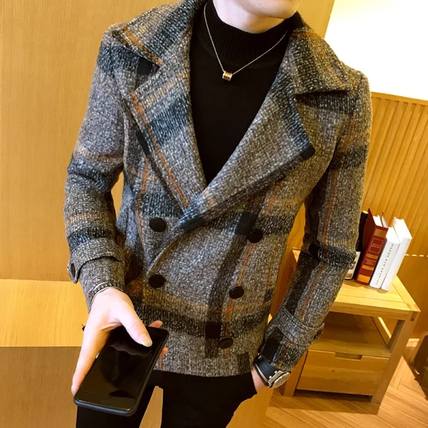 2025: a new trench coat with two breasts Veste homme stylish men's slim short woolen coat, vintage tartan jacket, for fall and winter - Image 5