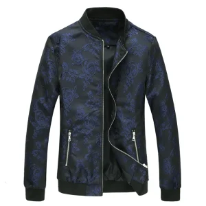 Men's Plus Size 6XL Vintage Business Blue Black Jacquard Jacket Casual Cardigan Zipper Coats with Flowers for 2025 Spring