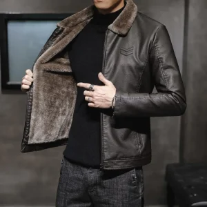 Fashion Solid Color Large Size Men's Fur One Men's Leather Jacket with Lapel, Middle-aged Men's Thick Leather Winter Father's Day Present