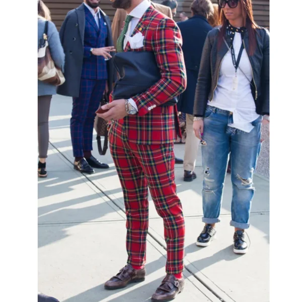 Traditional Men's Slim-Fitting, Single-Brsted, Notch-Lapel Complete Set with Plaid Pattern Casual Two-Piece Jacket and Pant Sets for Men - Image 3