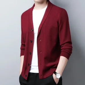 High-quality, solid-colored, V-necked cardigan for men's business casual, everyday, stretchable, and warm sweater