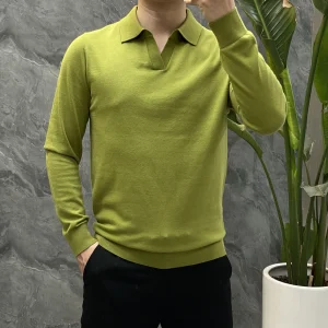 Men's Business Casual Slim-Fitting Wool Textile Sweater, Gentleman Polo Shirt, and Blouse Collar Knitted Pullover for Fall and Winter