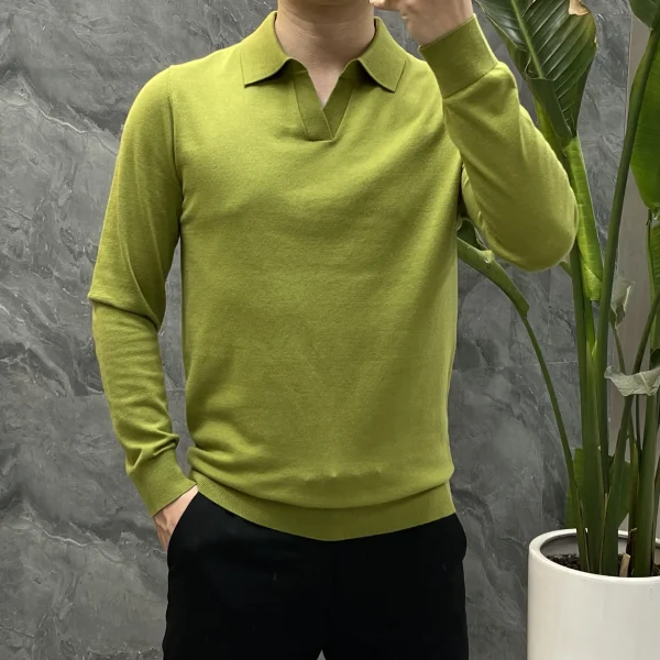 Men's Business Casual Slim-Fitting Wool Textile Sweater, Gentleman Polo Shirt, and Blouse Collar Knitted Pullover for Fall and Winter