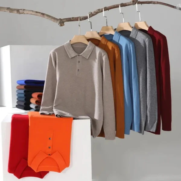 Men's long-sleeved, solid-colored, business casual sweater in the new autumnal style of 2025 A adaptable, elastic, and warm polo shirt - Image 2