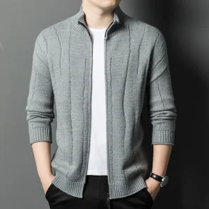 New Men's Solid Color Half Turtleneck Knitted Jacket with Zipper, Cozy Long Sleeve Sweater for Fall and Winter