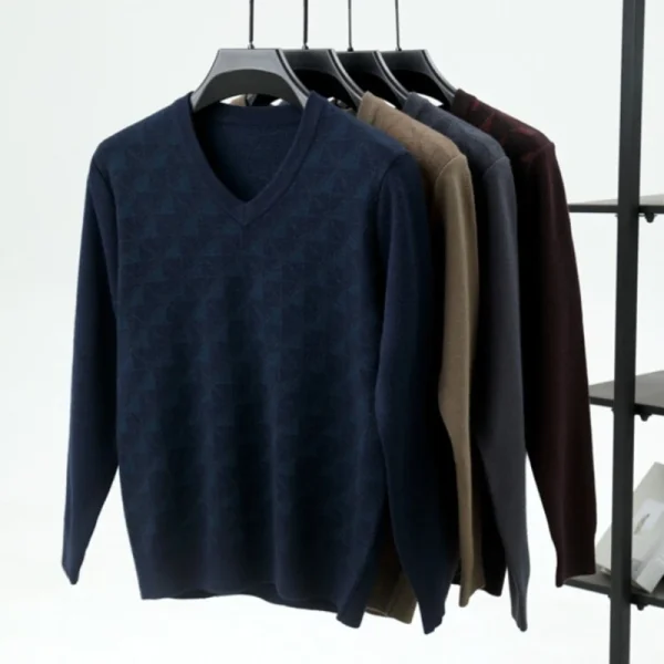 Men's Fashion Business Casual T-shirt, New Winter V-neck Sweater Knitwear, Full Body Jacquard Thickened - Image 3