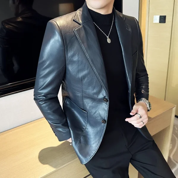 Korean Social Prom Tuxedo 5 Color Premium Men's Casual Leather Jackets Fashion Slim Fit Social Suit Leather Coat - Image 2