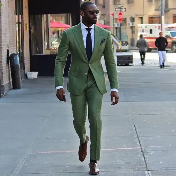 High-end, two-piece jacket pants, single-breasted, peak-lapel, slim-fitting green blazer suits for men's costumes - Image 3