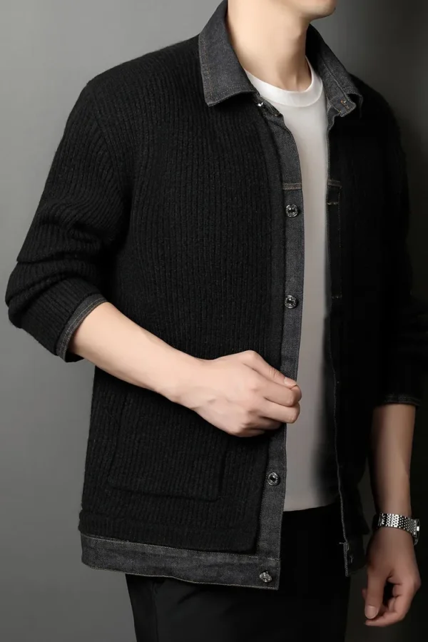 Men's elastic and fashionable knitted jacket with denim collar patchwork for everyday casual wear in the fall. - Image 6