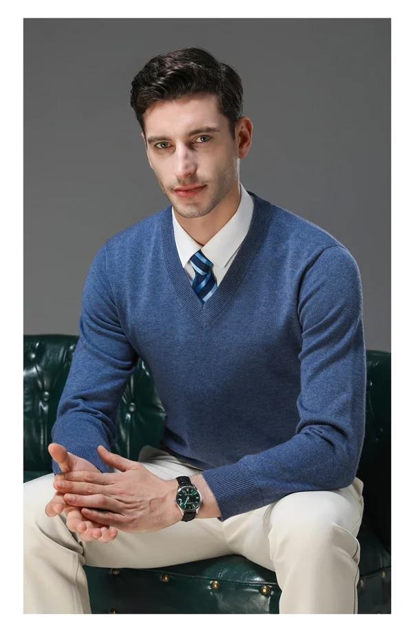 Warm Men's V-neck Solid Color Sweater, New Stretch Top for Autumn and Winter, Pullover Knitwear for Daily Leisure, Business - Image 6
