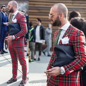 Traditional Men's Slim-Fitting, Single-Brsted, Notch-Lapel Complete Set with Plaid Pattern Casual Two-Piece Jacket and Pant Sets for Men
