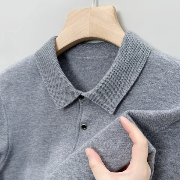 Men's Office Top, Casual Solid Color Long-Sleeved Shirt with Lapel Knit, New Warm Color for Fall and Winter - Image 2