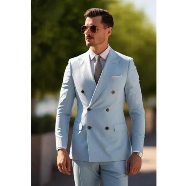 Slim Fit Full Set of Double Breasted Peak Lapel Blue Men's Formal Two-Piece Jacket and Pants for a Stylish Wedding Groomsman Costume - Image 2