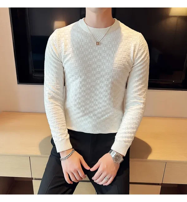 Warm and Stretchy Men's O-Neck Sweater with Jacquard Plaid Pullover Knit, Daily Slim Fit Base Shirt - Image 13