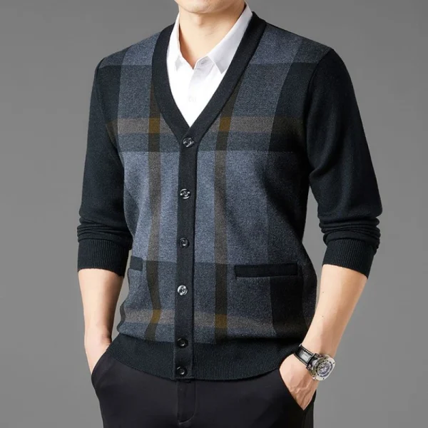 V-neck Business Casual Stylish Men's Cardigan 2024 Warm Thick British Style Plaid Knit Sweater for Autumn and Winter. - Image 2