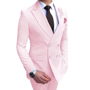 Luxurious Wedding Groomsmen Outfits: Pink Double Breasted Peak Lapel Men's Suits Costume Blazer Slim Fit Two-Piece Jacket and Pant Set