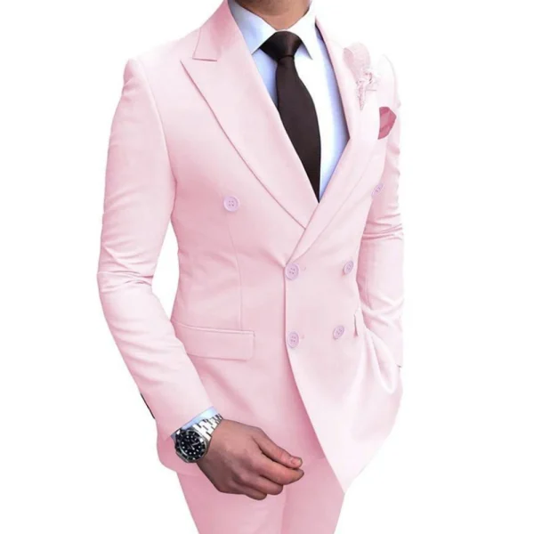 Luxurious Wedding Groomsmen Outfits: Pink Double Breasted Peak Lapel Men's Suits Costume Blazer Slim Fit Two-Piece Jacket and Pant Set