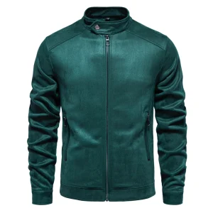 Fashion Casual Business Faux Leather Trucker Jackets for Men: New Stand Collar Zip Suede Jacket