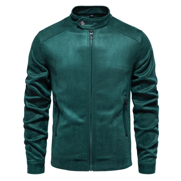 Fashion Casual Business Faux Leather Trucker Jackets for Men: New Stand Collar Zip Suede Jacket