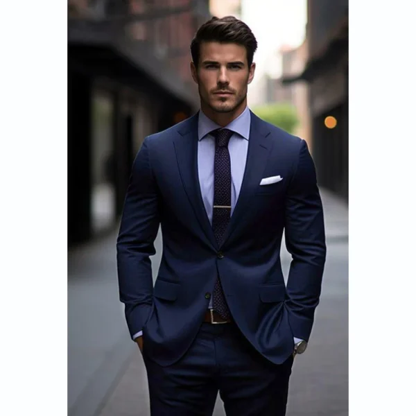 Superior Navy Blue Men's Flat Front Notch Lapel Single Breasted Sleeveless Two-Piece Jacket and Pants for a Stylish Wedding Outfit - Image 2
