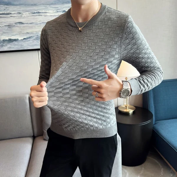 Warm and Stretchy Men's O-Neck Sweater with Jacquard Plaid Pullover Knit, Daily Slim Fit Base Shirt - Image 2