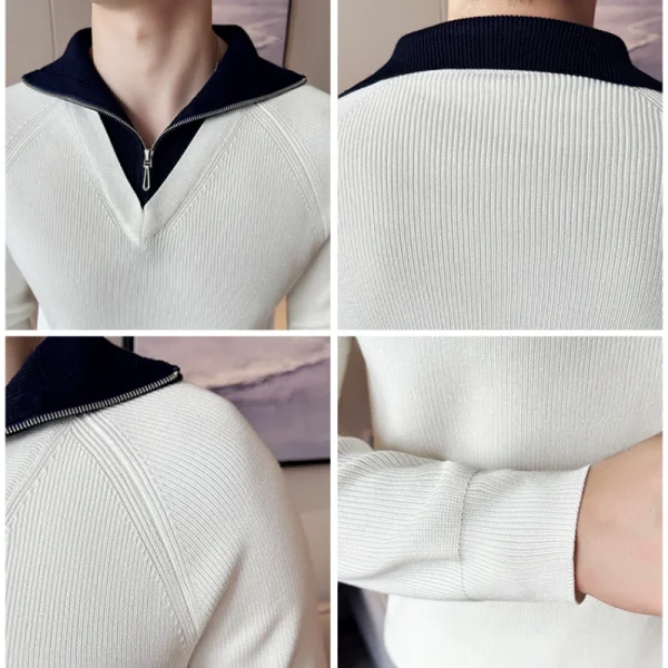 Men's Turtleneck Warm Sweater with Splice Color, Youth Slim-fit Knit Shirt for Fall and Winter, Half Zip-up Sweater. - Image 5