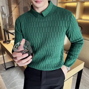 Superior Men's Lapel Solid Color Warm Sweater for Fall and Winter with a Sewn-in Shirt Collar, Made of 70% Cotton