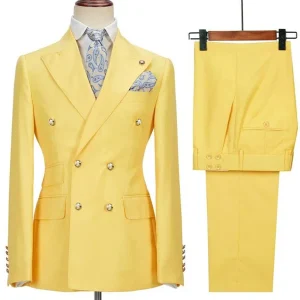 Men's Premium Double-Browed Yellow Peak Laepl Slim Fit Wedding Groom Complete Set: Exquisite Two-Piece Jacket, Pants, and Blazer Sets