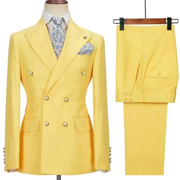 Men's Premium Double-Browed Yellow Peak Laepl Slim Fit Wedding Groom Complete Set: Exquisite Two-Piece Jacket, Pants, and Blazer Sets