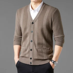 Business Casual Men's Striped V-neck Cardigan with Single-breasted Buttons, Warm Sweater for Autumn and Winter.