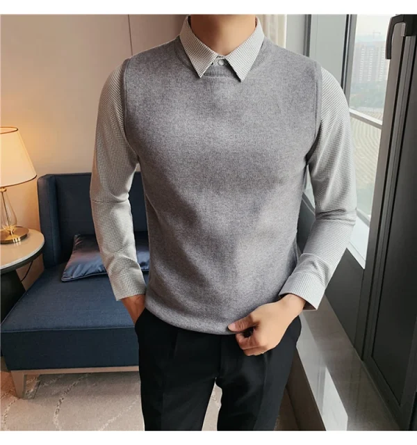 Men's Extra Thick Thermal Sweater Vest with Fleece, Knit Sweater with Woven Shirt Collar, and Plaid Shirt Collar - Image 8