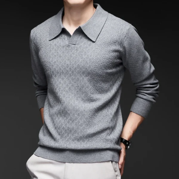 Excellent Men's Solid Color V-neck Long Sleeve Warm Sweater for Business Casual, 2024 Daily Adaptable Polo Shirt - Image 2