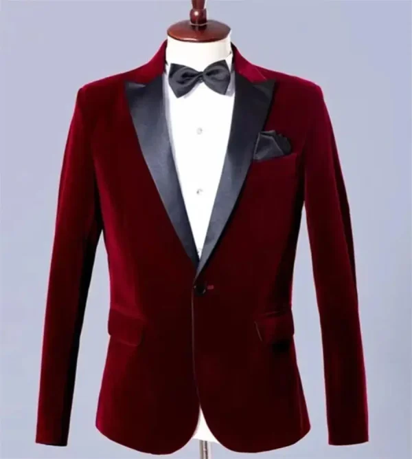 Male Formal Party Clothes One Button Velvet Slim Fit Burgundy Peak Lapel Men's Suits One Piece Blazer Slim Fit Elegant Jacket - Image 3