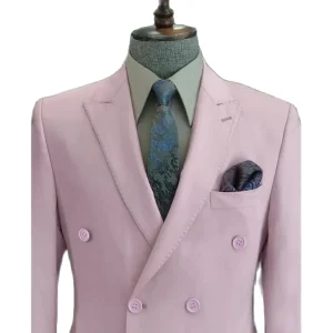 High-end wedding attire for men in pink solid-colored double-breasted, peak-lapel, regular-length, two-piece jackets, pants, and suits