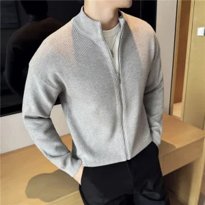 Men's Slim Stand-up Collar Zipper Knitted Cardigan in Solid Color, Stretchable, for Fall and Winter, 2025.
