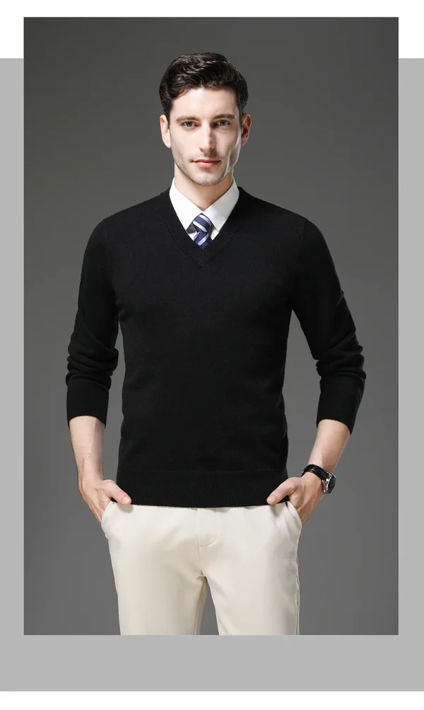 Warm Men's V-neck Solid Color Sweater, New Stretch Top for Autumn and Winter, Pullover Knitwear for Daily Leisure, Business - Image 15