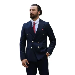 Smart casual business two-piece jacket and pants set in an elegant navy blue suit with a double breasted peak lapel and a flat front.