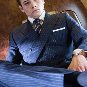 Stylish Men's Suits Double Breasted Peak Lapel Flat Front Blue Stripe Outfits Two-Piece Jacket, Pants, and Blazer for a Formal Business Wedding